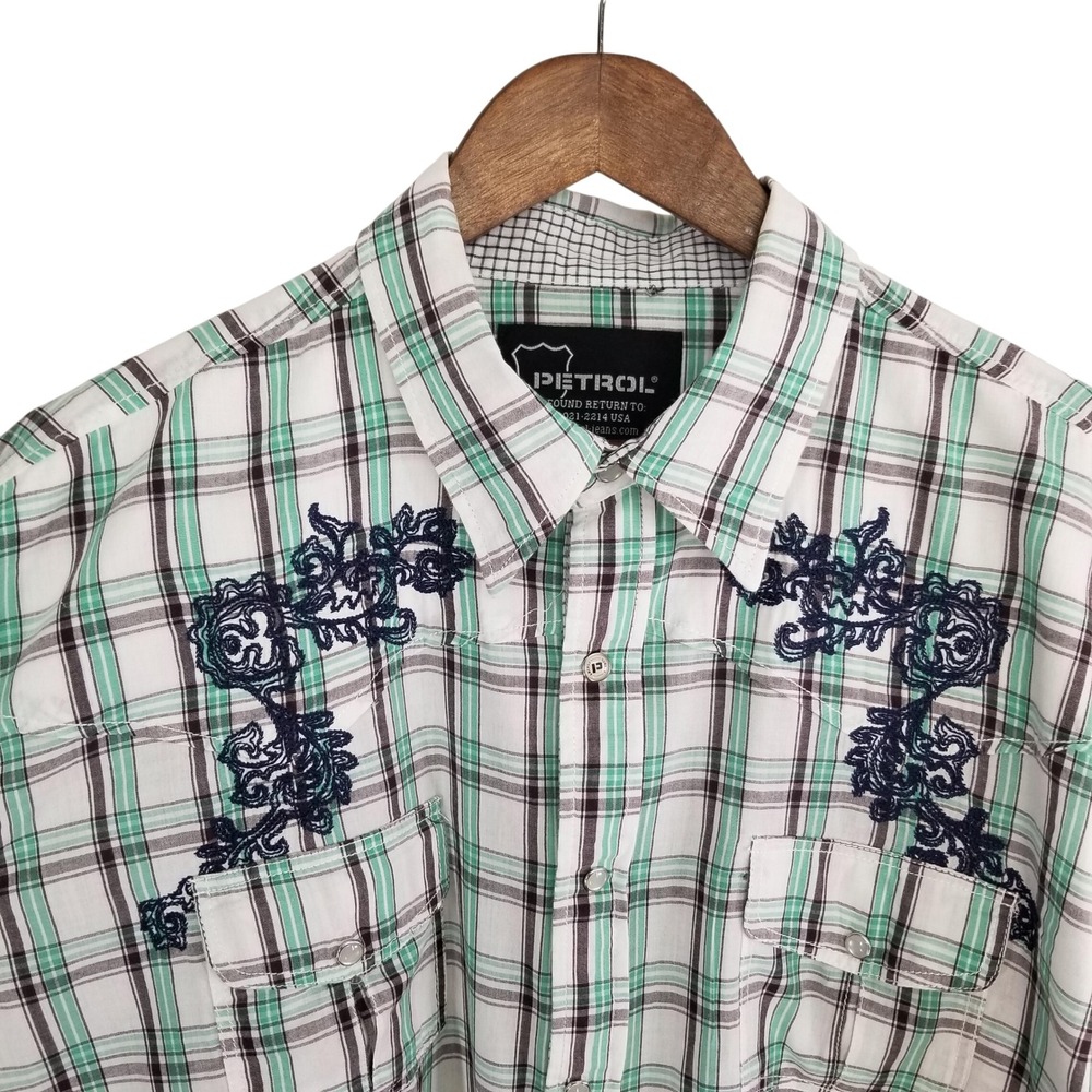 Petrol Mens XXL Western Snap Shirt Plaid Green Embroidered Long Sleeve Pearlized